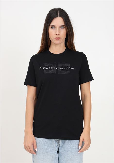 Black short-sleeved T-shirt for women with logo and rhinestone print ELISABETTA FRANCHI | MA00346E2110
